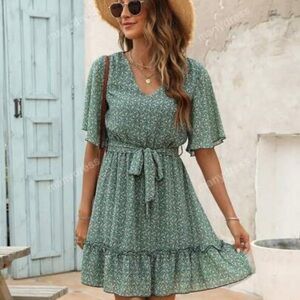 Floral Print Butterfly Sleeve Ruffle Hem Belted Dress Sz L